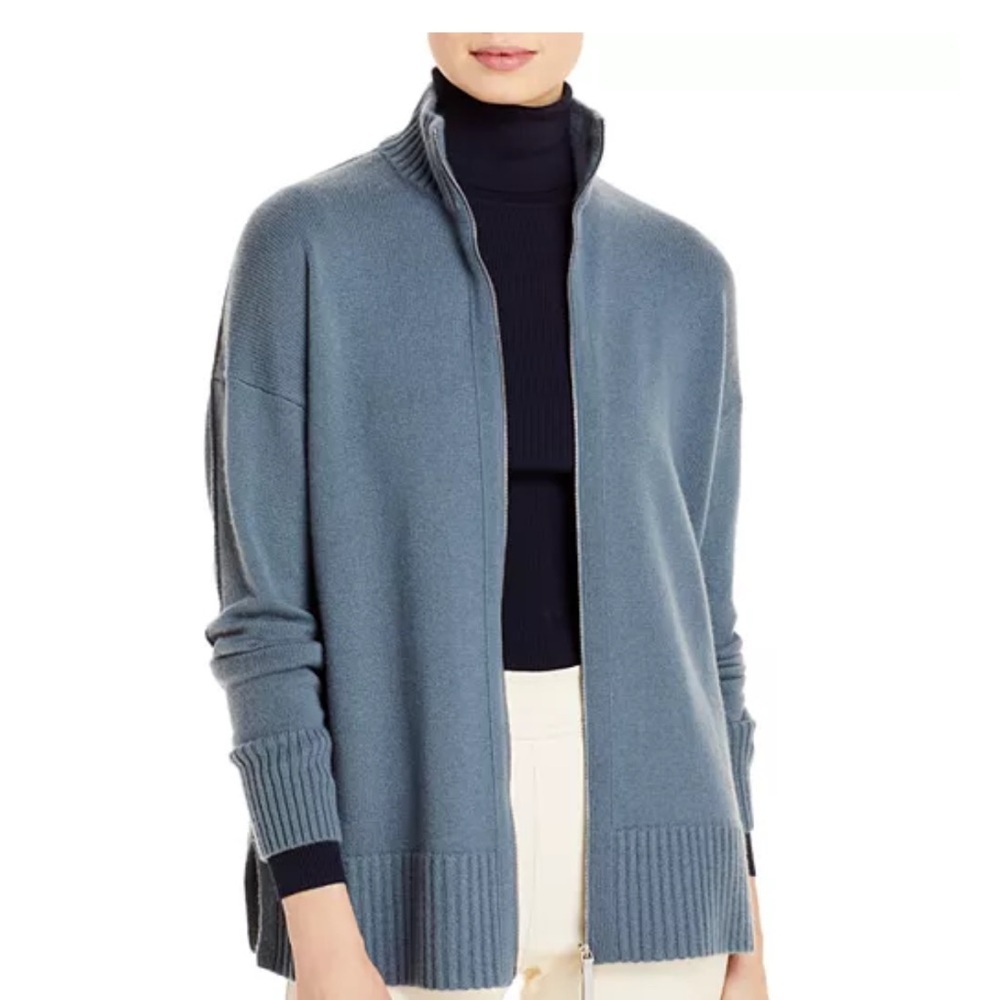 Lafayette 148 New York Blue Stand Collar Full Zip Wool Cashmere Sweater Size XS